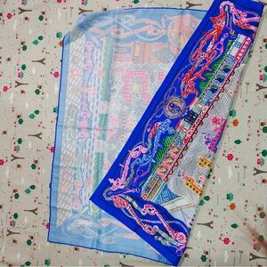 Hermes Scarf Super Silk Quest Bleu Roy Rose Silk Twill 90
